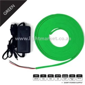 12v 6mm Neon LED Strip Light Green 5m With AC Adaptor