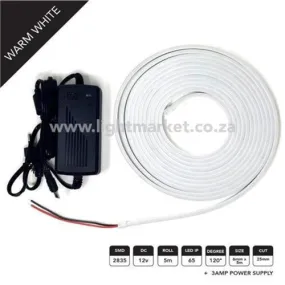 12v 6mm Neon LED Strip Light Warm White 5m With AC Adaptor