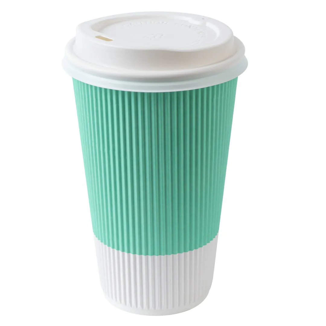 16 oz Light Green Paper Ripple Wall Coffee Cup - with White Lid - 3 1/2" x 3 1/2" x 6 1/4" - 200 count box