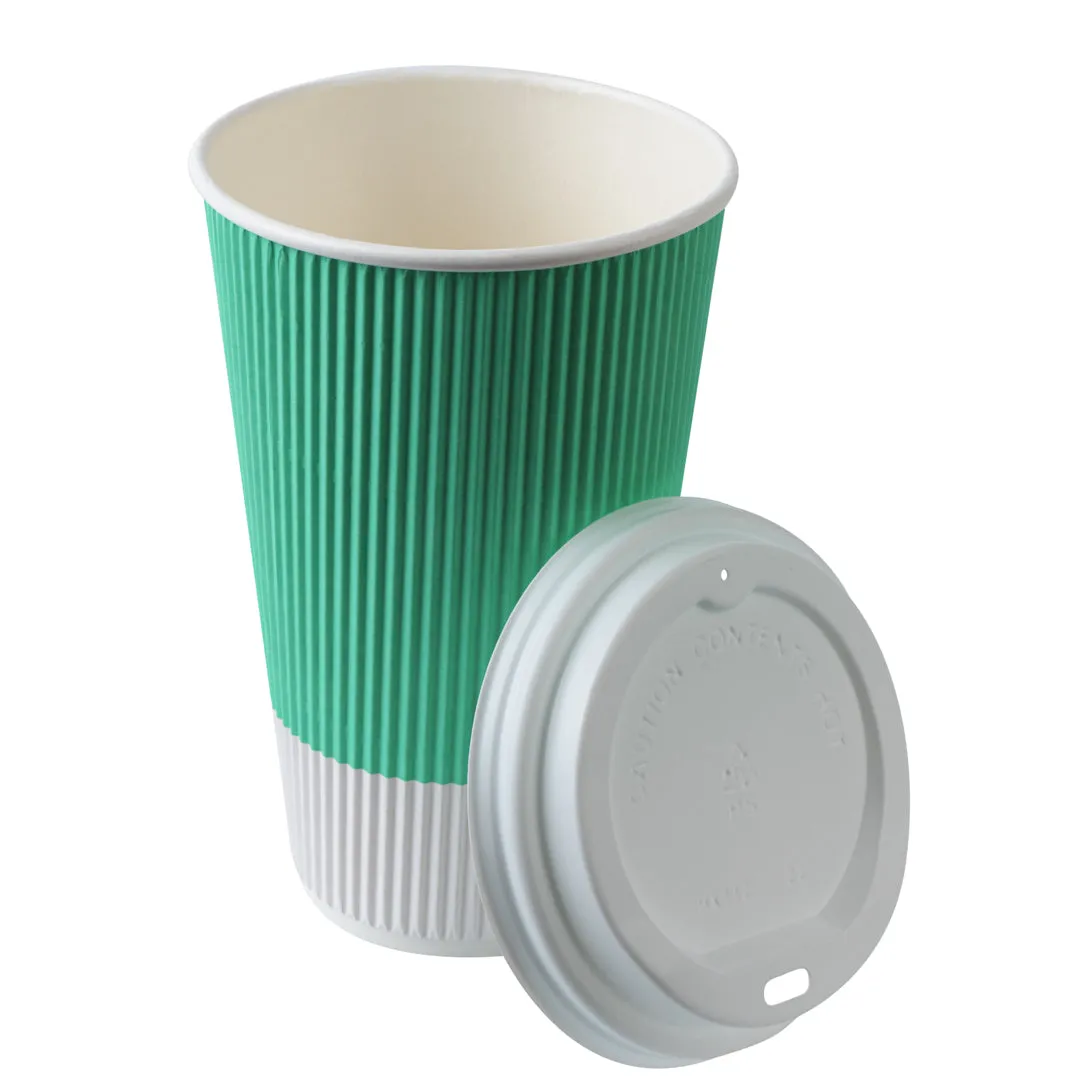 16 oz Light Green Paper Ripple Wall Coffee Cup - with White Lid - 3 1/2" x 3 1/2" x 6 1/4" - 200 count box