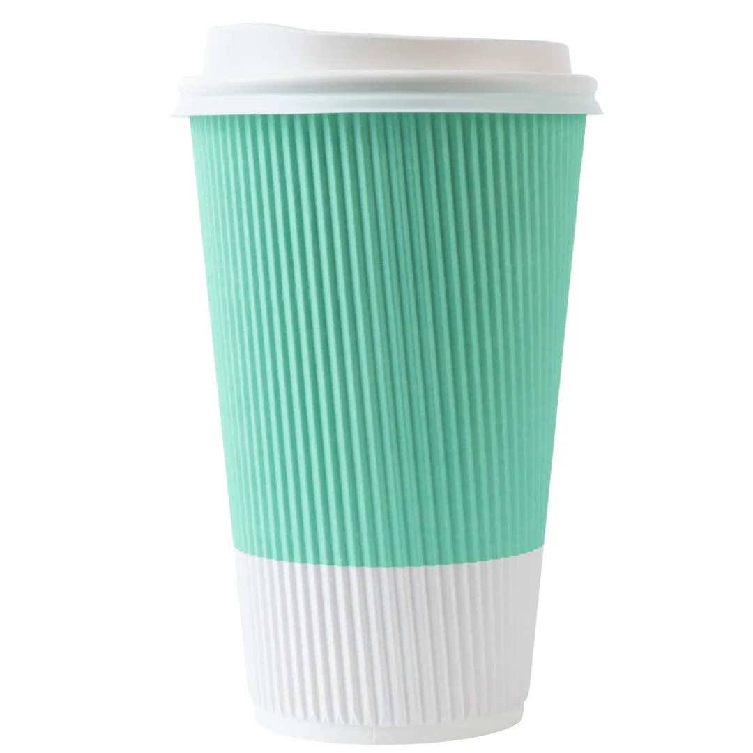 16 oz Light Green Paper Ripple Wall Coffee Cup - with White Lid - 3 1/2" x 3 1/2" x 6 1/4" - 200 count box