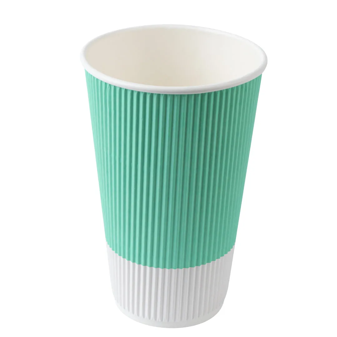 16 oz Light Green Paper Ripple Wall Coffee Cup - with White Lid - 3 1/2" x 3 1/2" x 6 1/4" - 200 count box