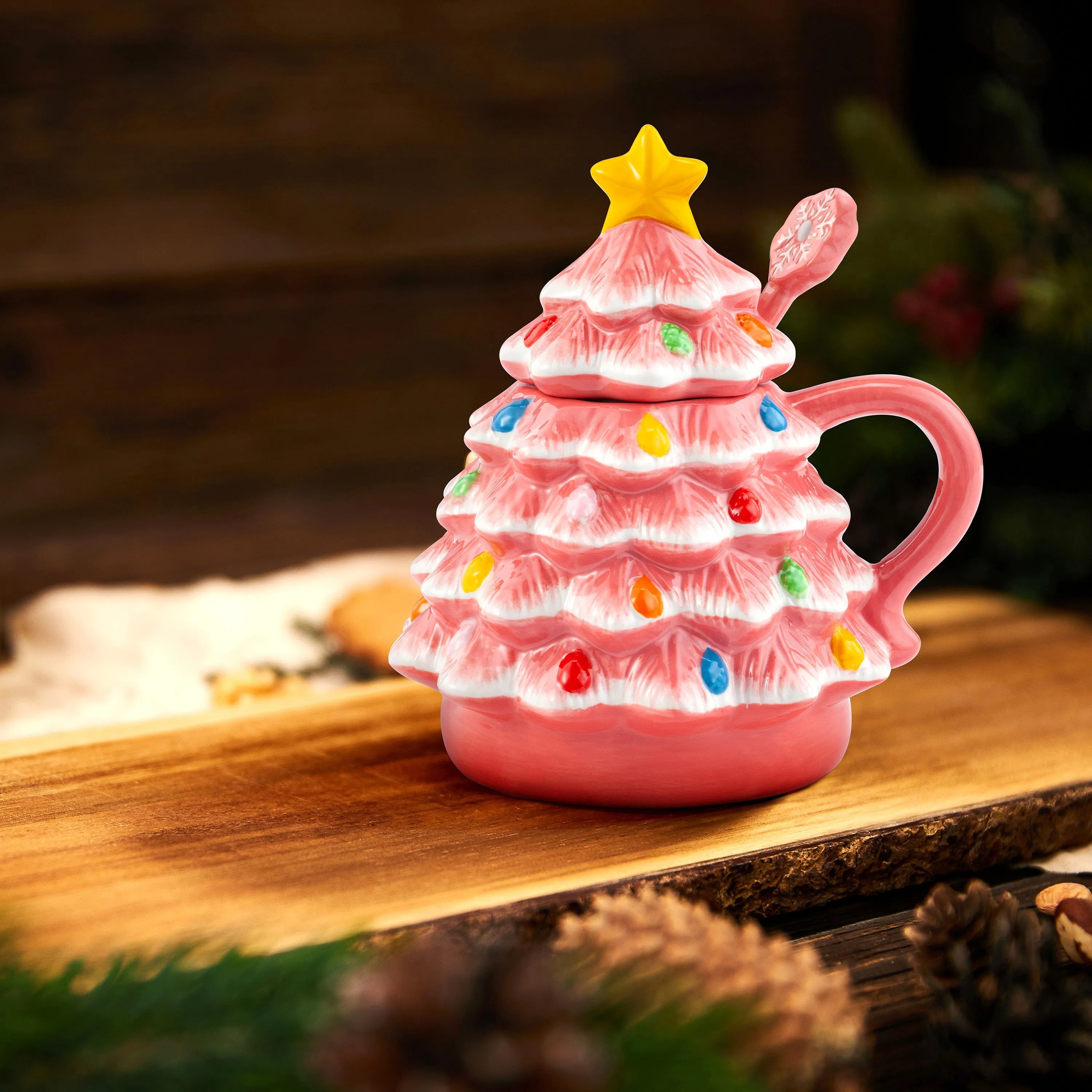 16 oz. Nostalgic Ceramic Tree Lidded Mug with Spoon - Pink