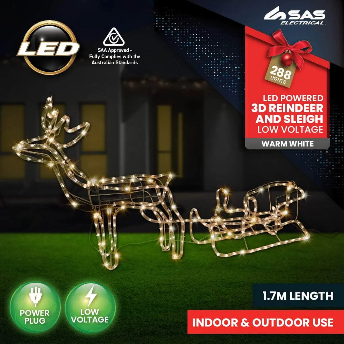 1.7m 3D Reindeer & Sleigh Display Warm White Rope Lights