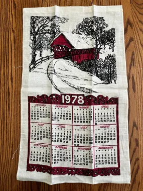 1978 Calendar linen tea towel with a Snow Covered Bridge