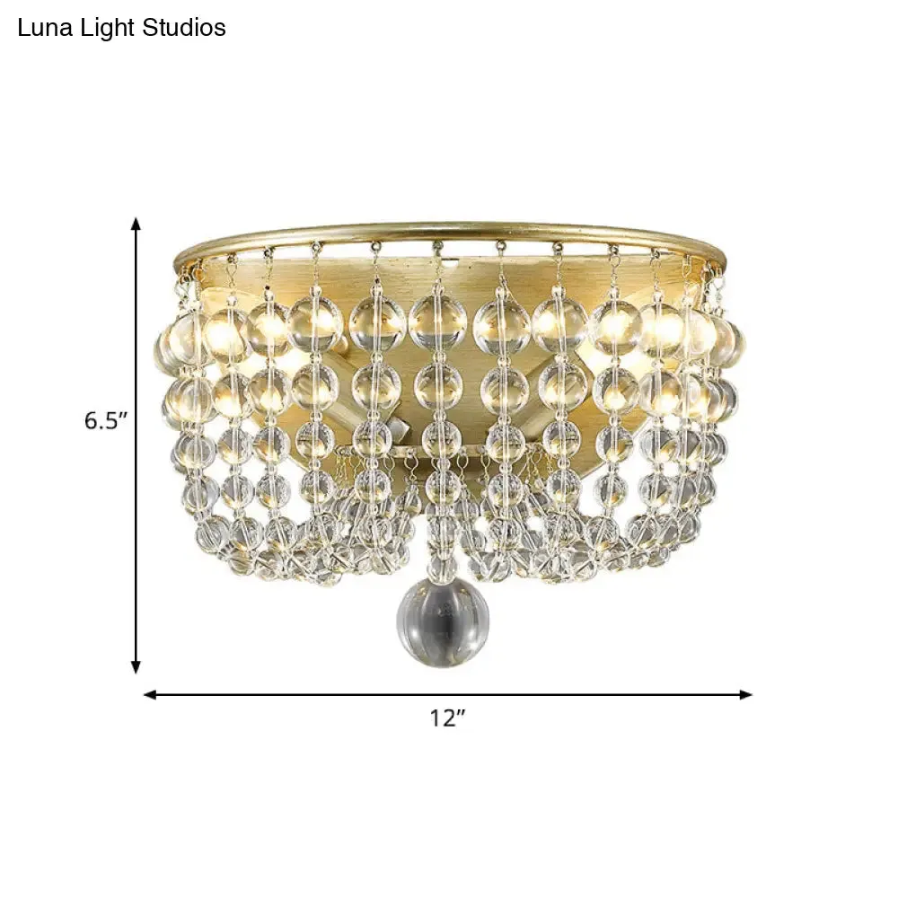 2-Bulb Countryside Beaded Crystal Wall Sconce Lamp in Gold for Living Room