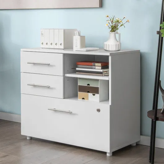 3 Drawer Lateral File Cabinet on Wheels with Storage Shelves-White