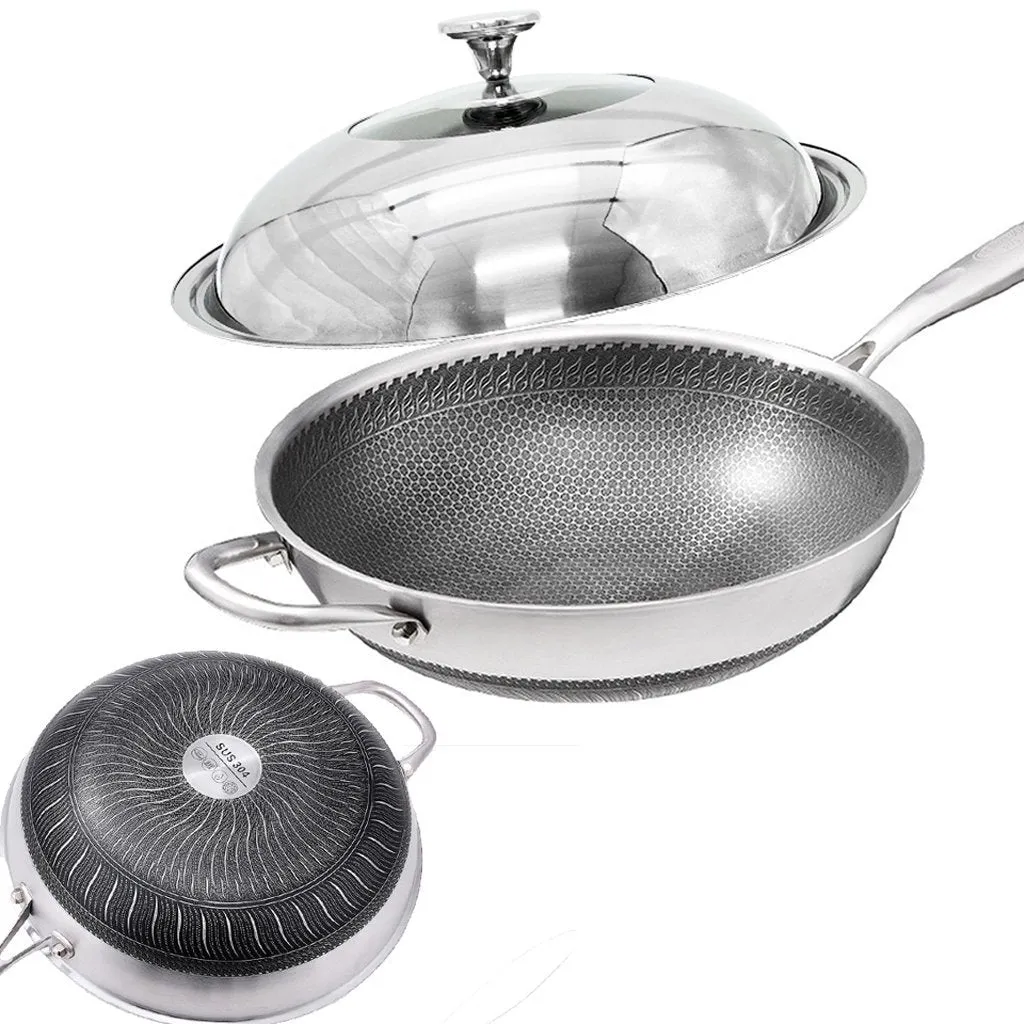 316 Stainless Steel Non-Stick Stir Fry Cooking Kitchen Honeycomb Wok Pan 32cm