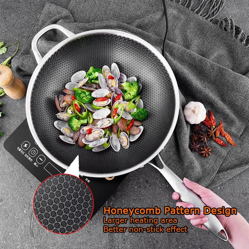 316 Stainless Steel Non-Stick Stir Fry Cooking Kitchen Honeycomb Wok Pan 32cm