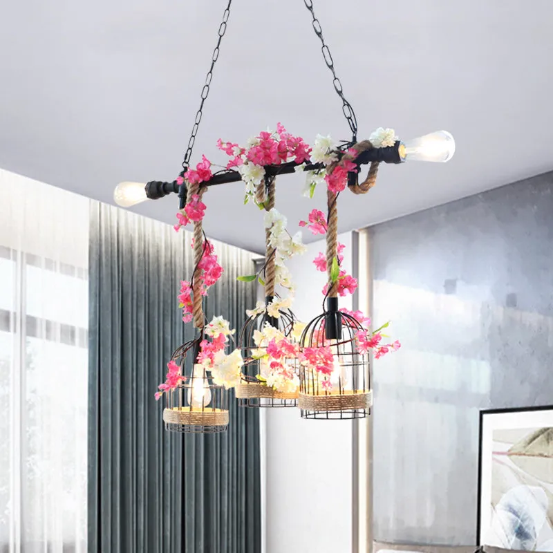 5-Head Birdcage Rope Island Light Fixture: Factory Red/Rose Red Metal Pendant Lamp with Artificial Maple Leaf/Blossom