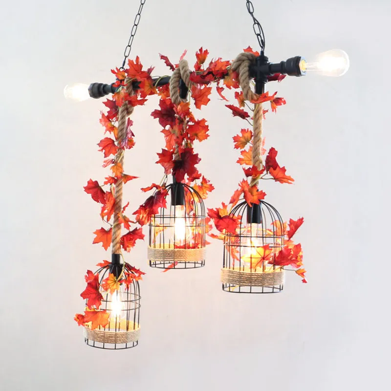 5-Head Birdcage Rope Island Light Fixture: Factory Red/Rose Red Metal Pendant Lamp with Artificial Maple Leaf/Blossom