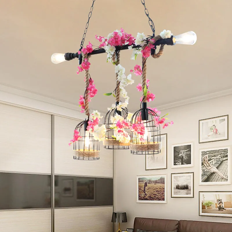 5-Head Birdcage Rope Island Light Fixture: Factory Red/Rose Red Metal Pendant Lamp with Artificial Maple Leaf/Blossom