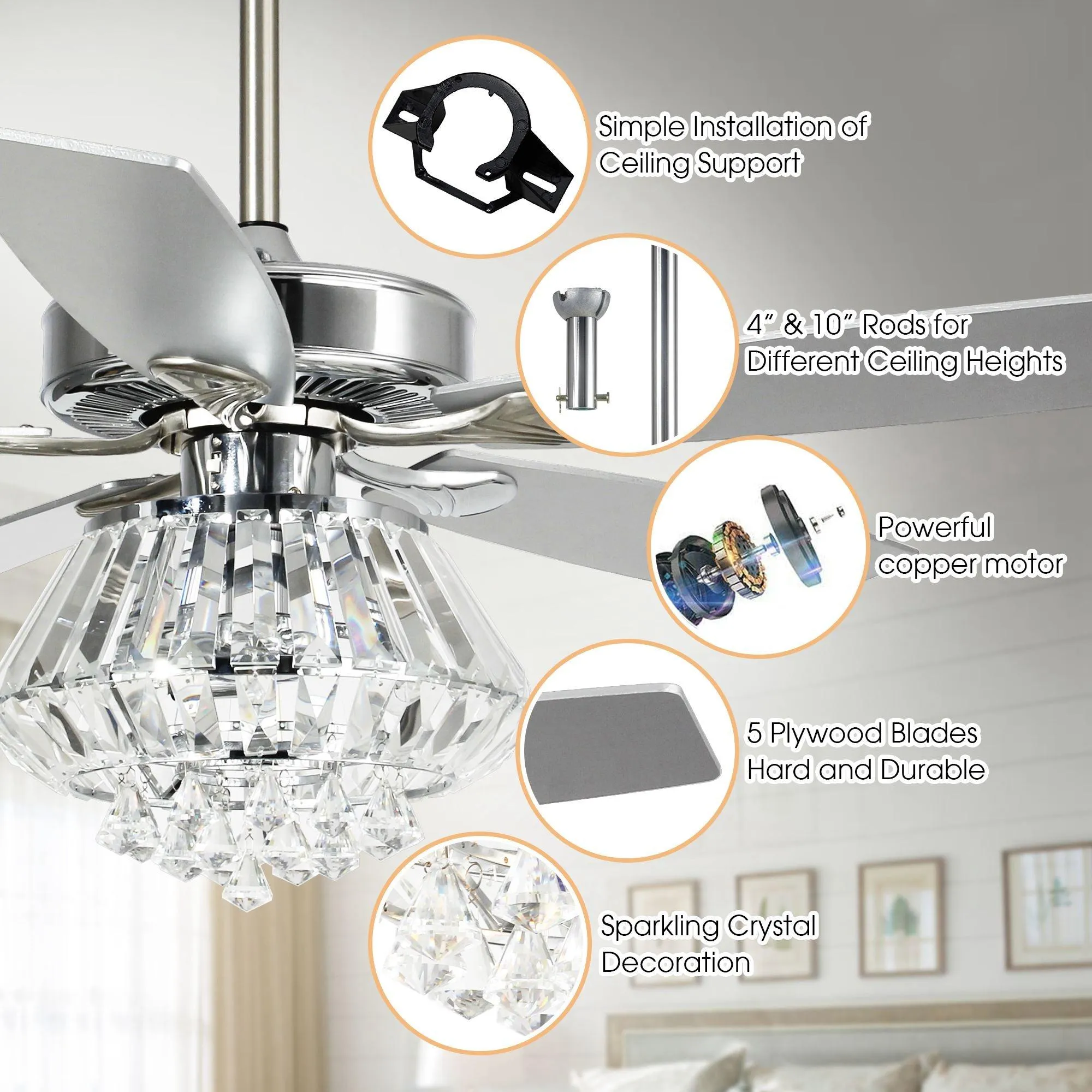 52" Kerala Modern Chrome Downrod Mount Reversible Crystal Ceiling Fan with Lighting and Remote Control