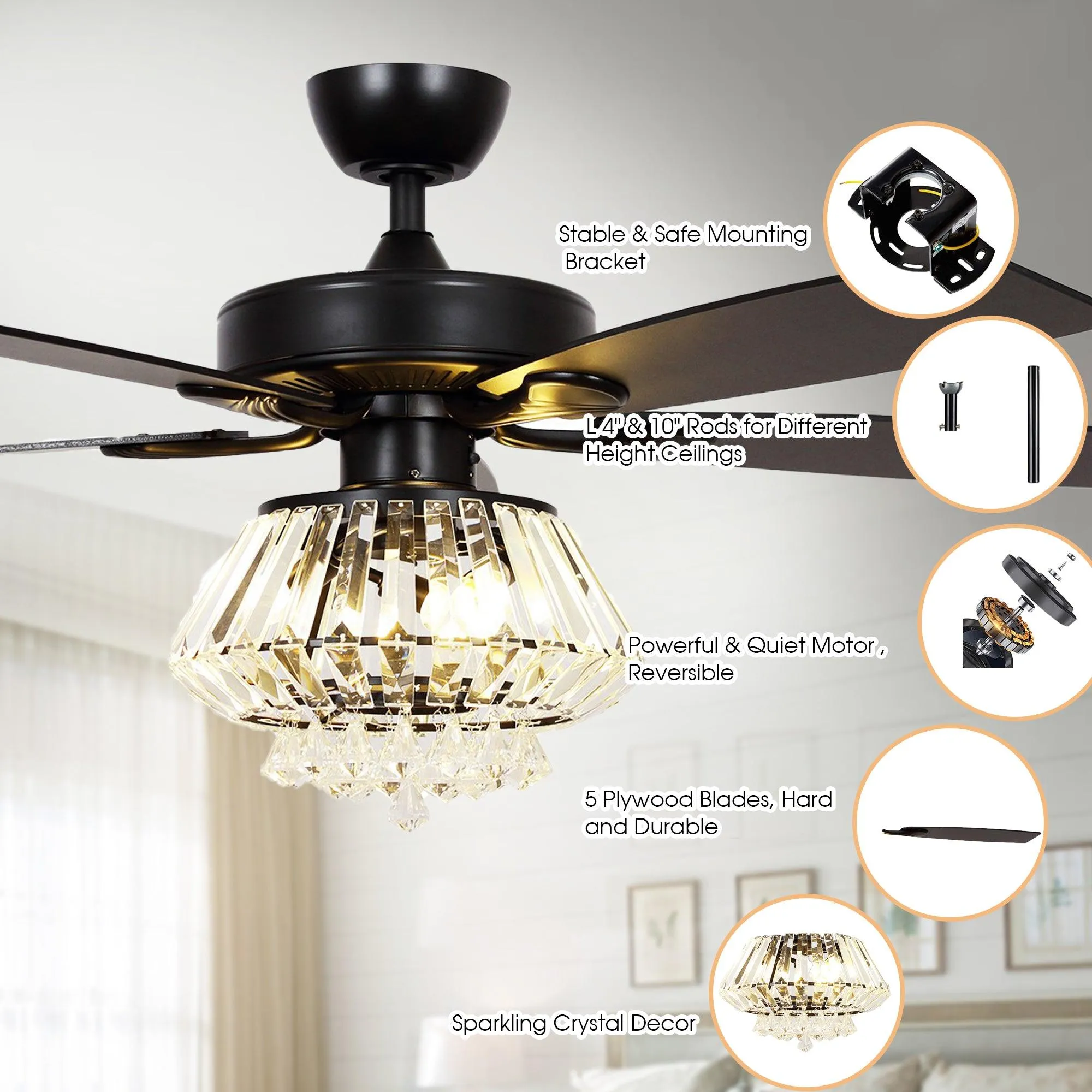 52" Kerala Modern Chrome Downrod Mount Reversible Crystal Ceiling Fan with Lighting and Remote Control