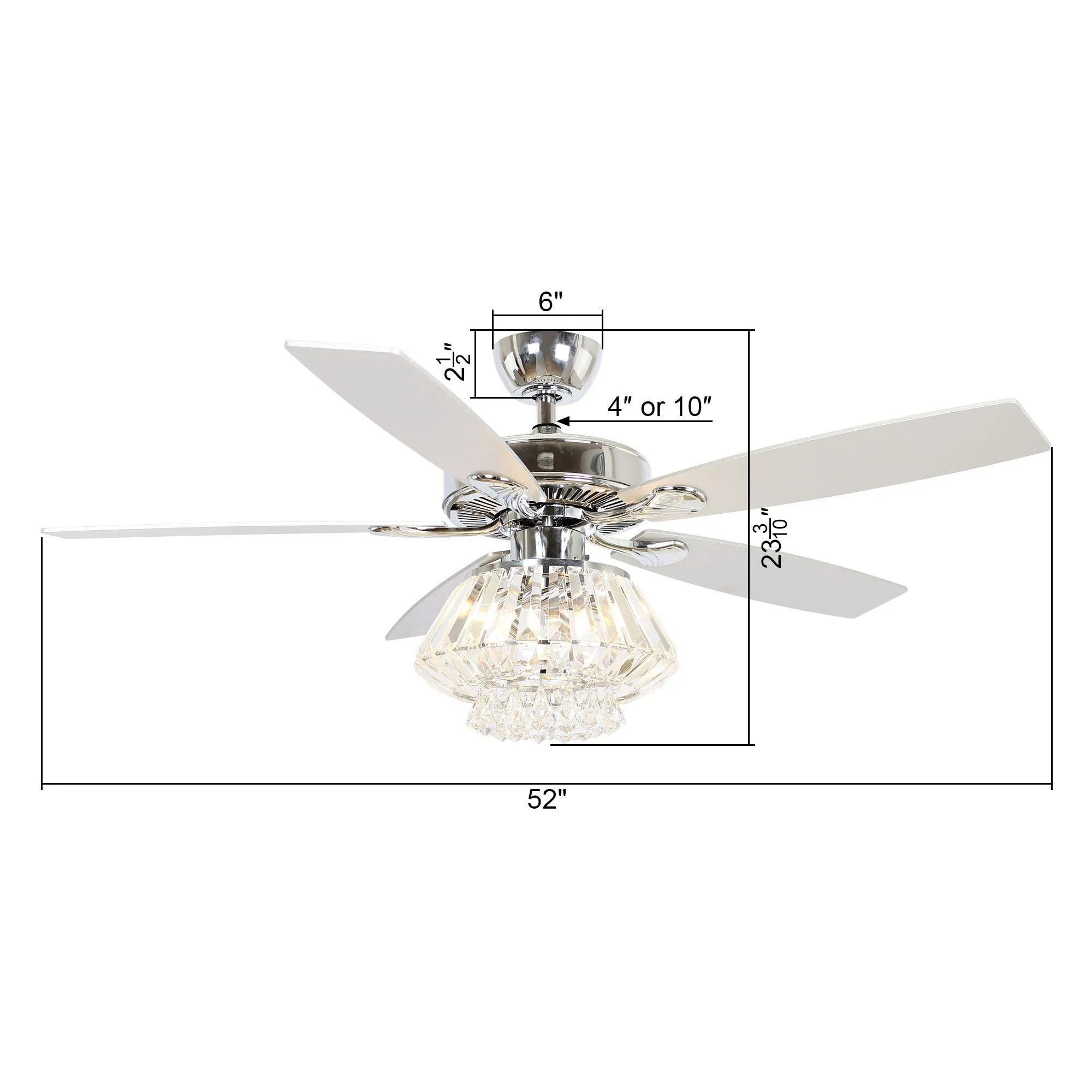 52" Kerala Modern Chrome Downrod Mount Reversible Crystal Ceiling Fan with Lighting and Remote Control