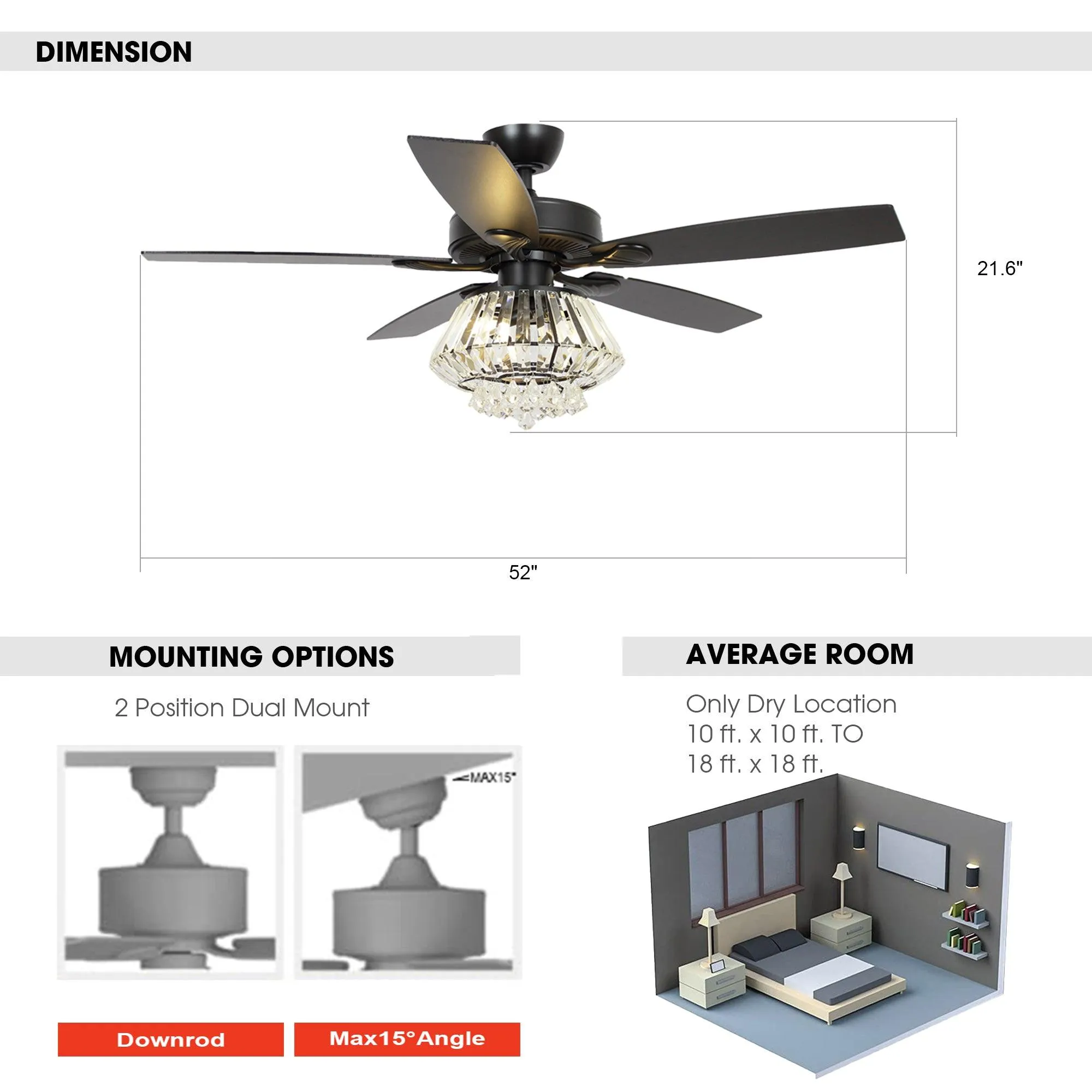 52" Kerala Modern Chrome Downrod Mount Reversible Crystal Ceiling Fan with Lighting and Remote Control