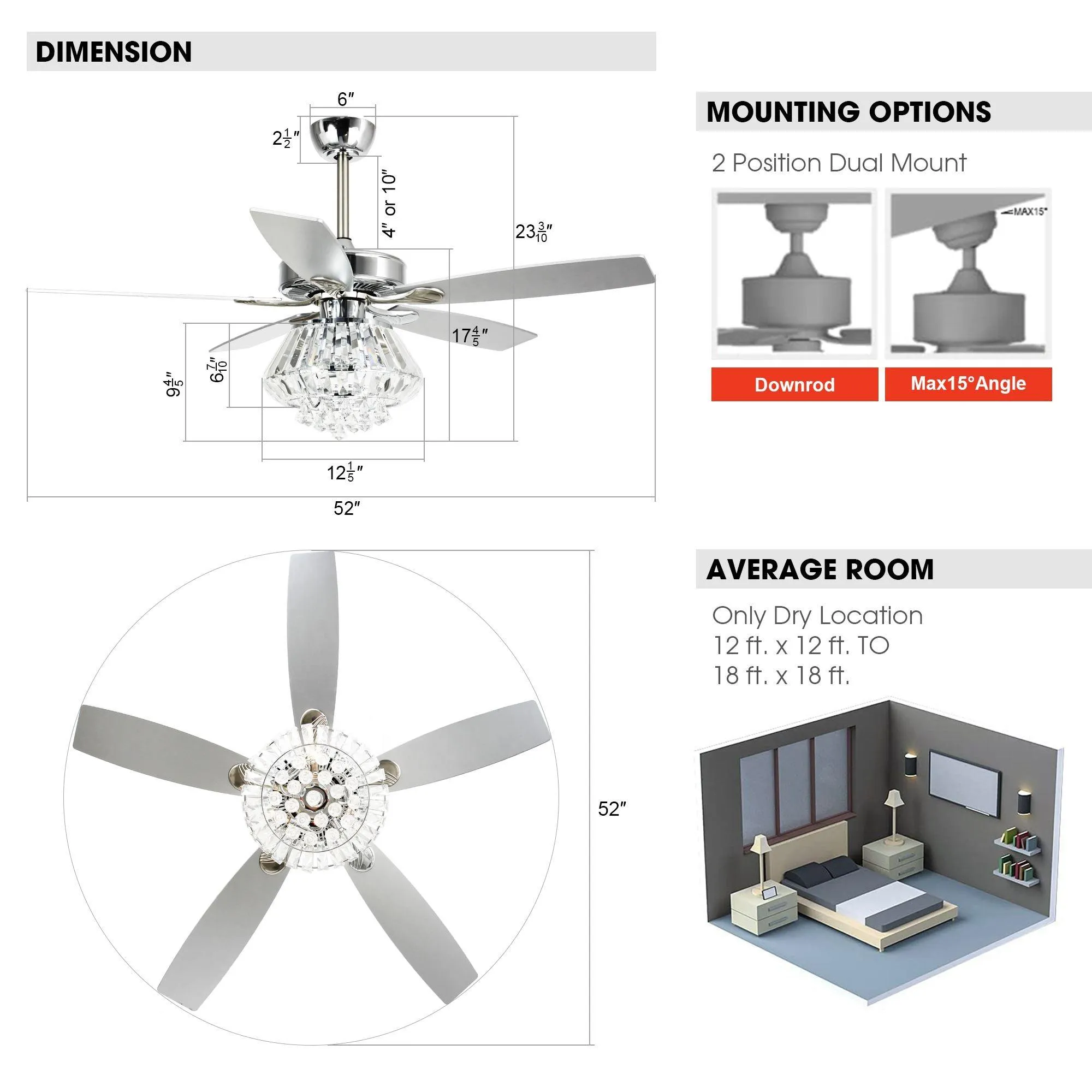 52" Kerala Modern Chrome Downrod Mount Reversible Crystal Ceiling Fan with Lighting and Remote Control