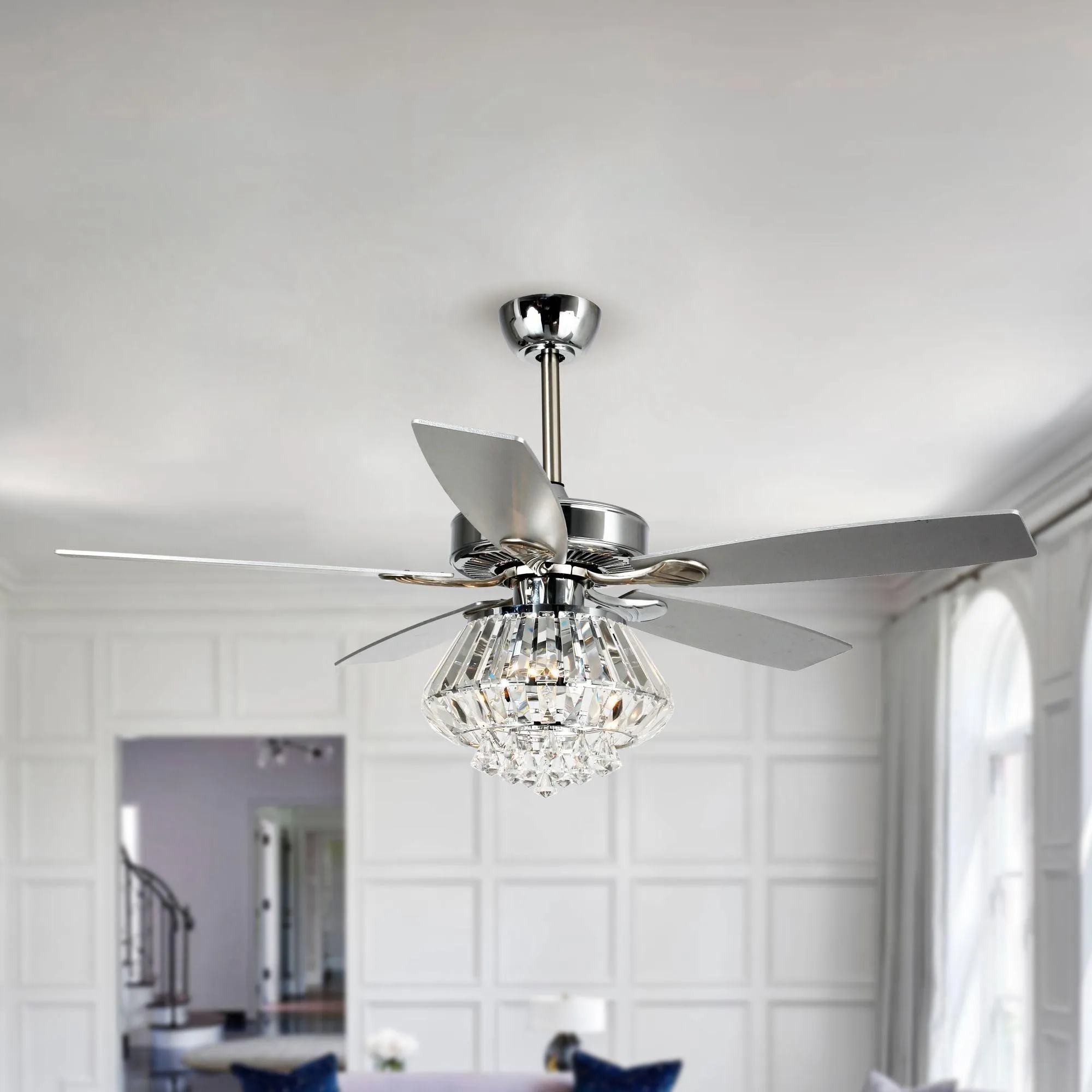 52" Kerala Modern Chrome Downrod Mount Reversible Crystal Ceiling Fan with Lighting and Remote Control