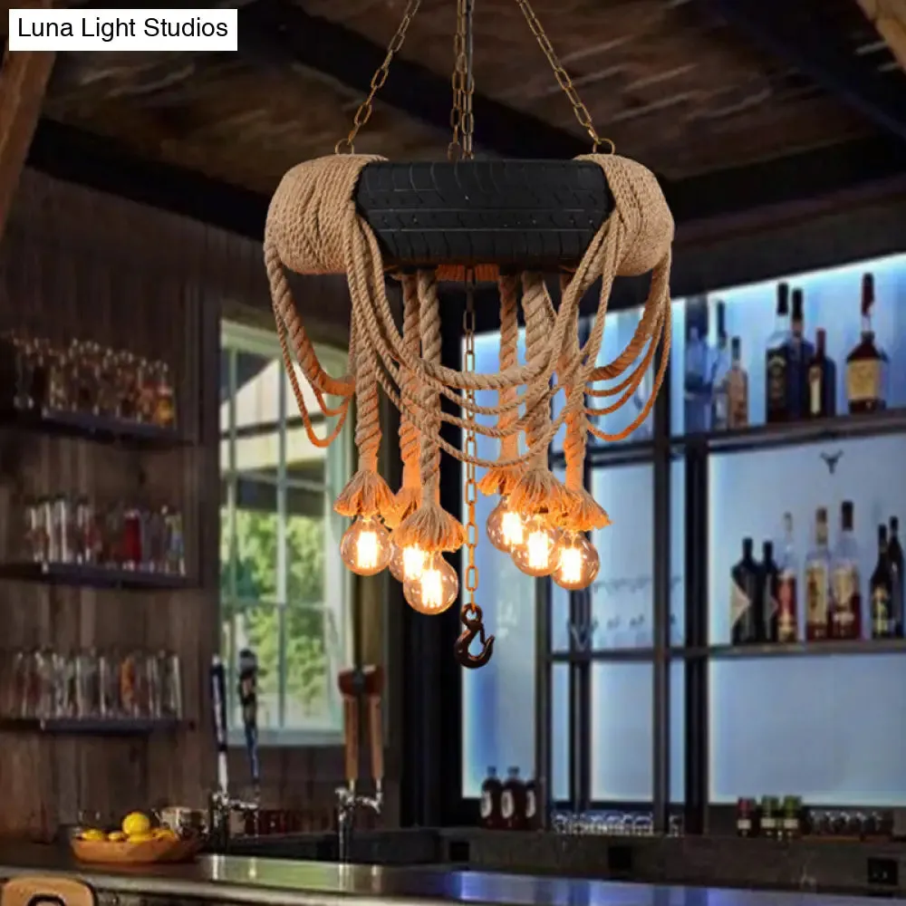 6-Bulb Black Tyre Chandelier: Industrial Rubber Bistro Suspension Lamp with Hemp Rope