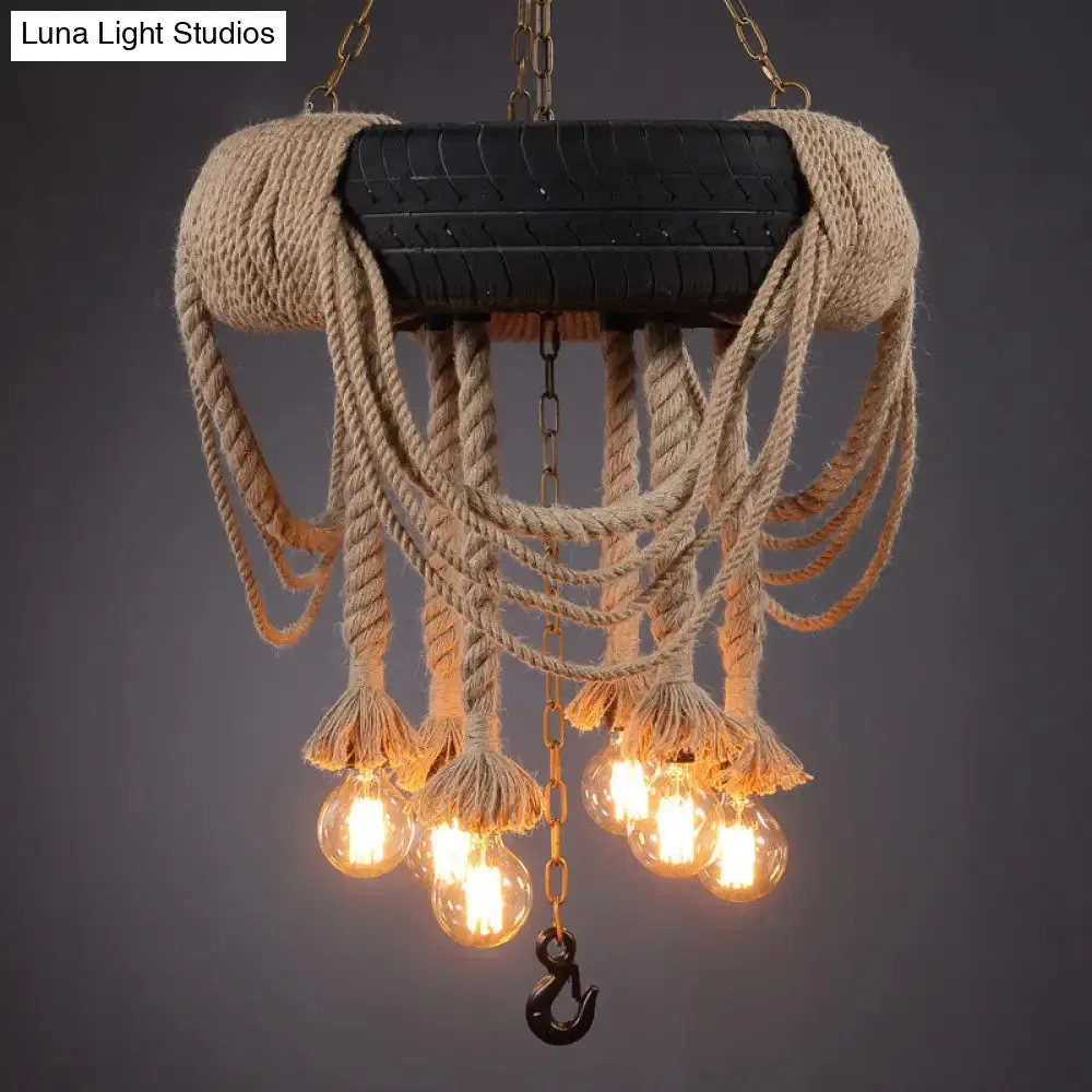 6-Bulb Black Tyre Chandelier: Industrial Rubber Bistro Suspension Lamp with Hemp Rope