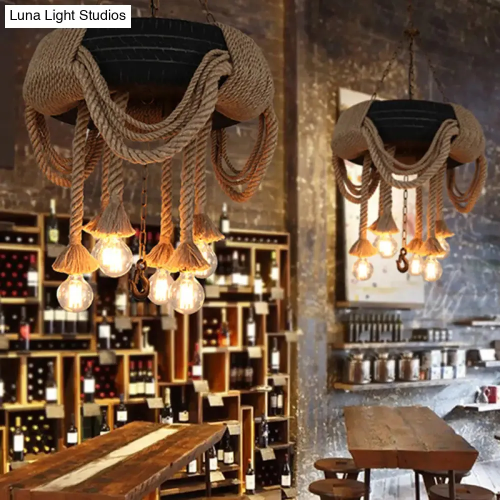 6-Bulb Black Tyre Chandelier: Industrial Rubber Bistro Suspension Lamp with Hemp Rope