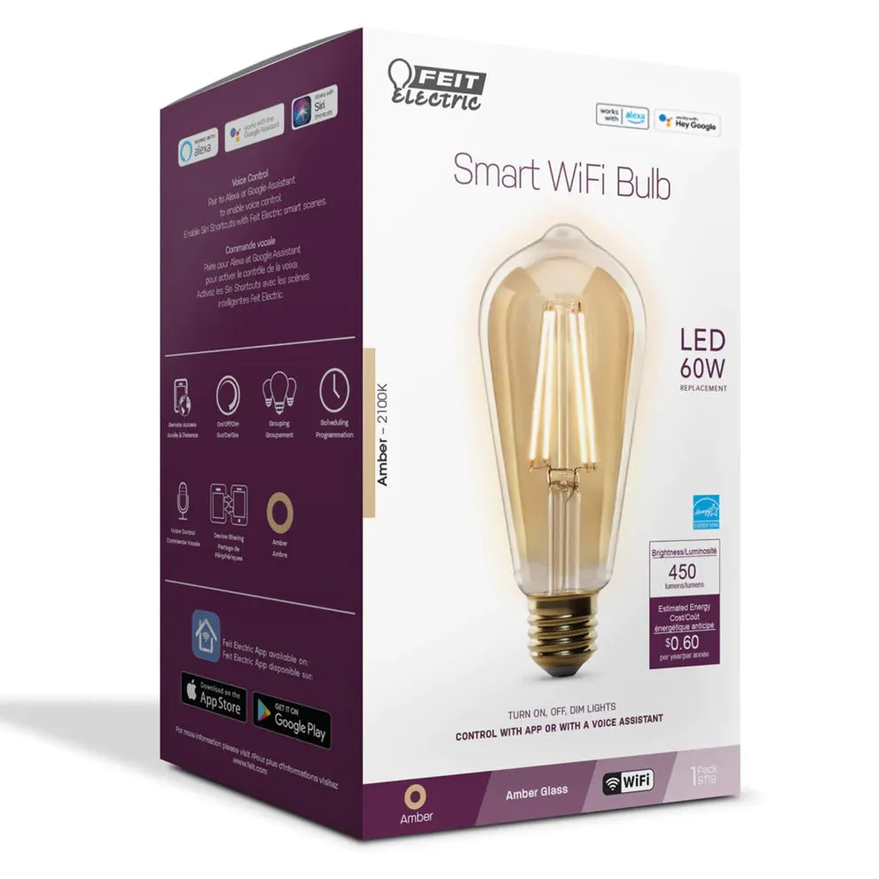 60W Amber Vintage ST19 Smart WiFi LED Light Bulb ST1960/FIL/AG