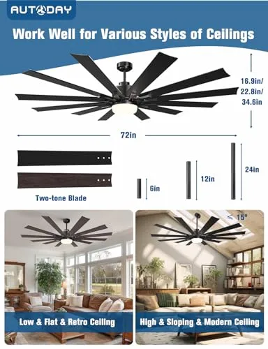 72" Large Ceiling Fans with Lights and Remote - Indoor/Outdoor Ceiling Fan with Light, 12 Blades, Large Air Volume, Reversible Quiet DC Motor, Dimmable Walnut/Black Large Ceiling Fan for Living Room