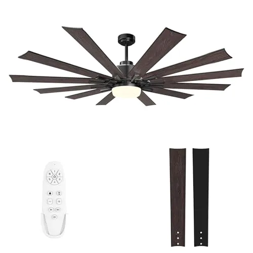 72" Large Ceiling Fans with Lights and Remote - Indoor/Outdoor Ceiling Fan with Light, 12 Blades, Large Air Volume, Reversible Quiet DC Motor, Dimmable Walnut/Black Large Ceiling Fan for Living Room