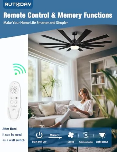 72" Large Ceiling Fans with Lights and Remote - Indoor/Outdoor Ceiling Fan with Light, 12 Blades, Large Air Volume, Reversible Quiet DC Motor, Dimmable Walnut/Black Large Ceiling Fan for Living Room