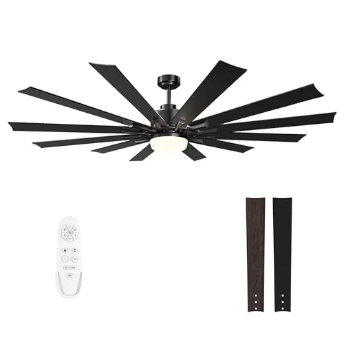 72" Large Ceiling Fans with Lights and Remote - Indoor/Outdoor Ceiling Fan with Light, 12 Blades, Large Air Volume, Reversible Quiet DC Motor, Dimmable Walnut/Black Large Ceiling Fan for Living Room