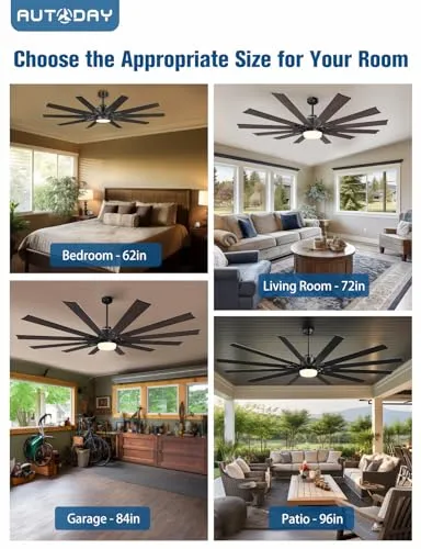 72" Large Ceiling Fans with Lights and Remote - Indoor/Outdoor Ceiling Fan with Light, 12 Blades, Large Air Volume, Reversible Quiet DC Motor, Dimmable Walnut/Black Large Ceiling Fan for Living Room