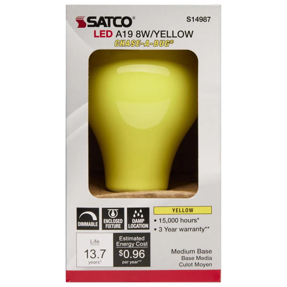 A19 LED Bulb, 8 Watts, E26 Medium Base, Ceramic Yellow Finish, 120V