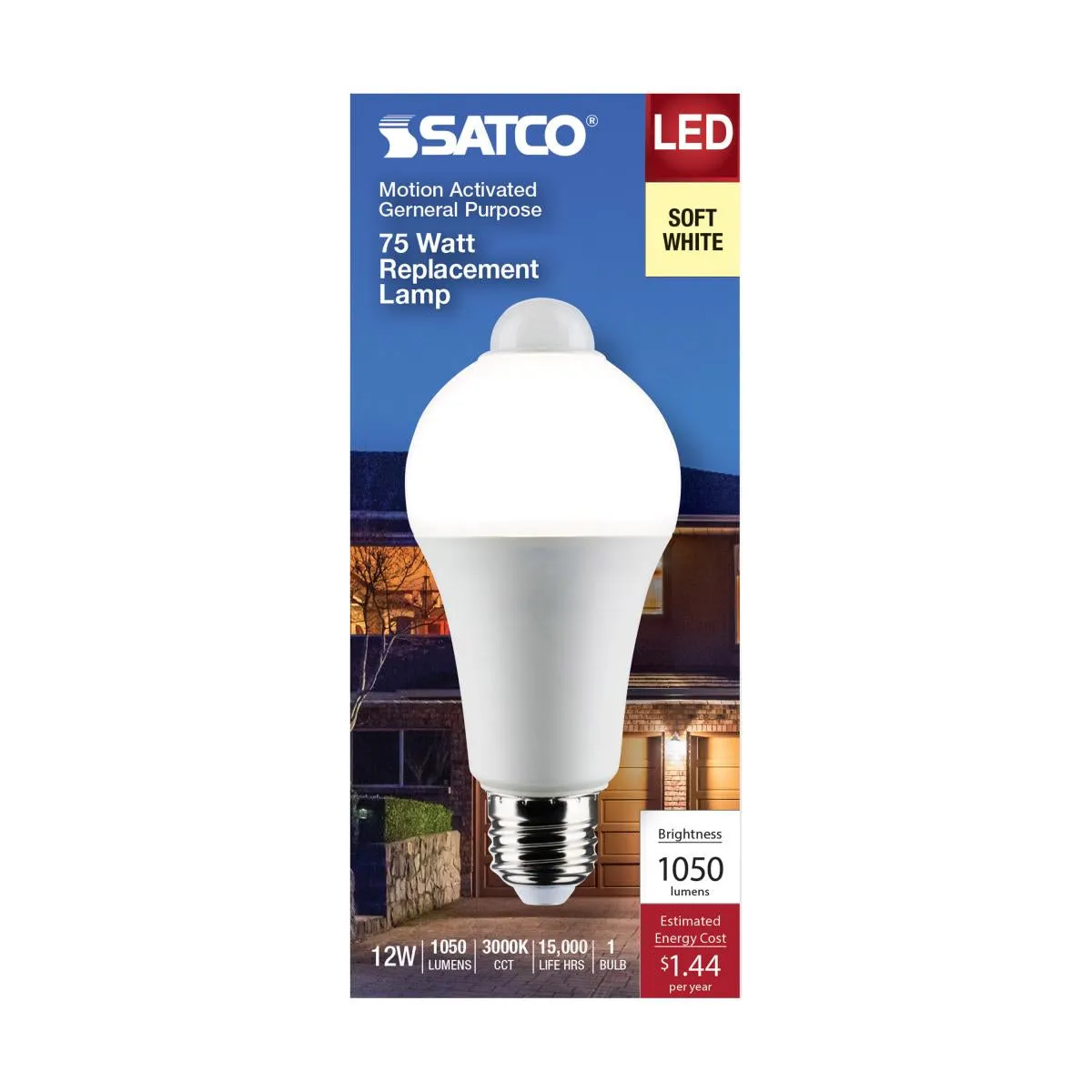 A19 LED Bulb with PIR Sensor, 12 Watts, 1050 Lumens, 3000K, E26 Medium Base, Frosted Finish