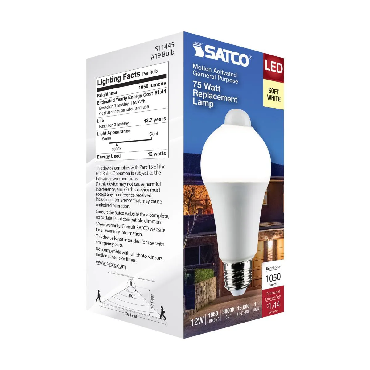 A19 LED Bulb with PIR Sensor, 12 Watts, 1050 Lumens, 3000K, E26 Medium Base, Frosted Finish