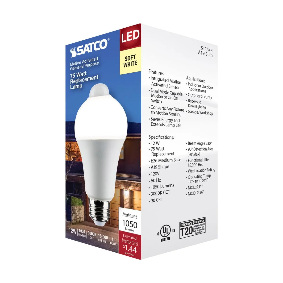 A19 LED Bulb with PIR Sensor, 12 Watts, 1050 Lumens, 3000K, E26 Medium Base, Frosted Finish