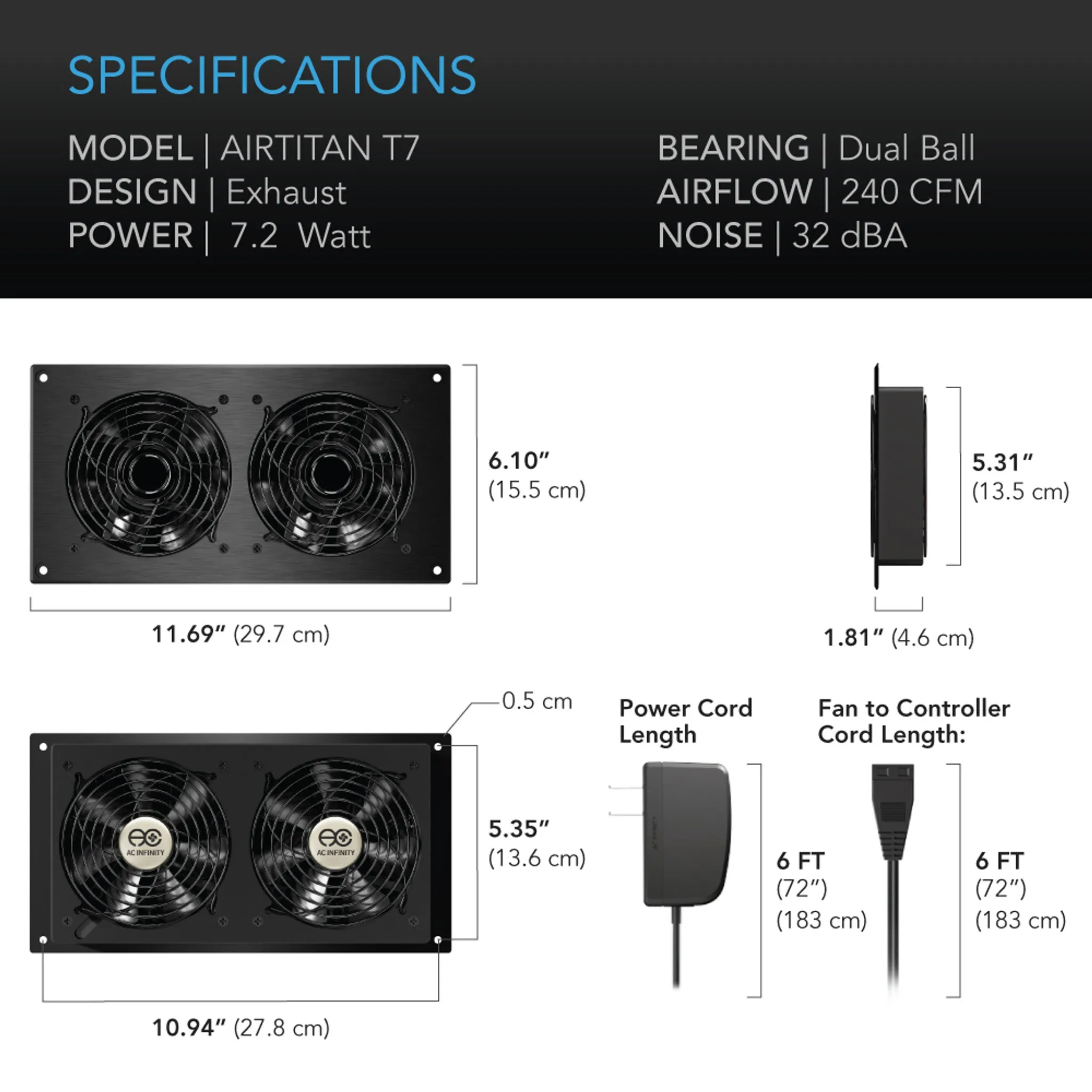 AC Infinity AIRTITAN T7, Crawl Space and Basement Ventilation Fan 12", Temperature and Humidity Controller, Ip-44 Rated