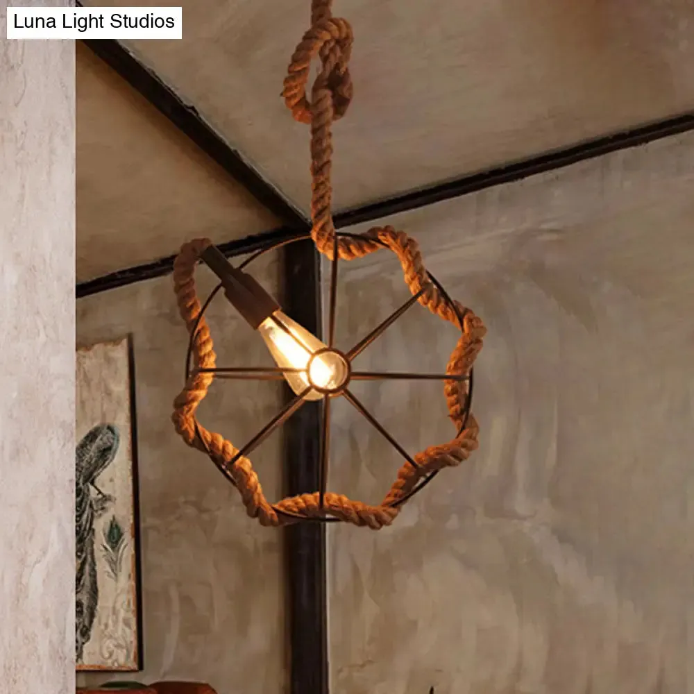 Adjustable Industrial Pendant Light with Beige Rope and Metal Cage Design