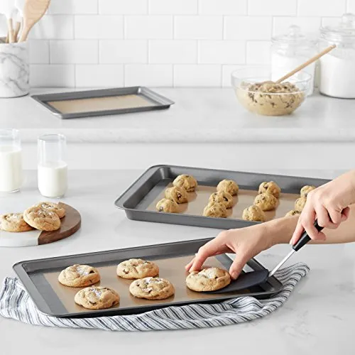 Amazon Basics Rectangular Silicone, Non-Stick, Food Safe Baking Mat, Pack of 3, Beige/Gray, 16.5" x 11.6"