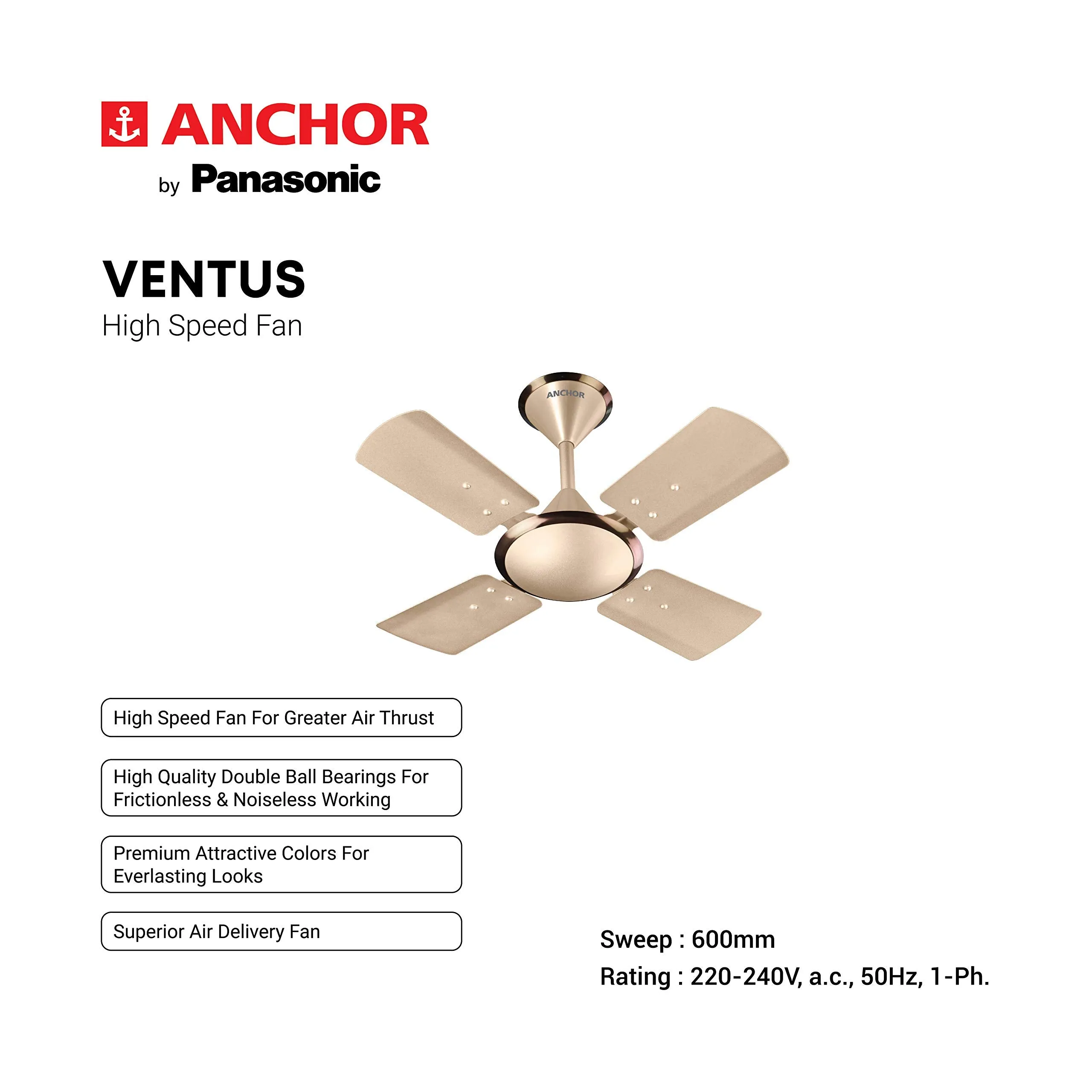 anchor by panasonic Ventus 600mm Ceiling Fan (Honey Gold Briken)