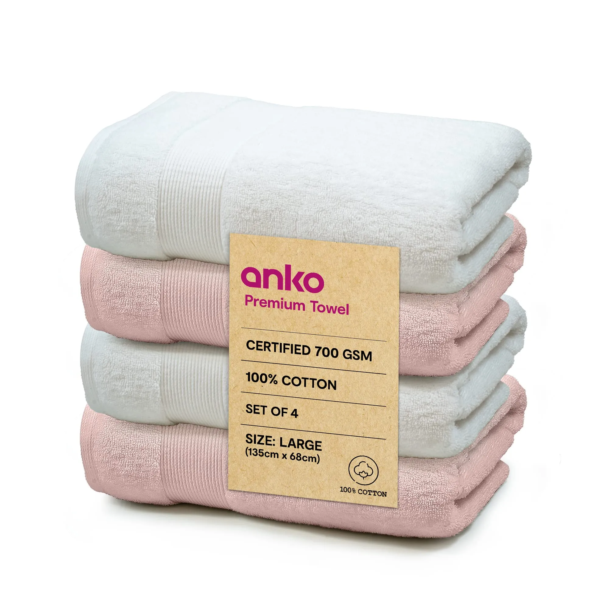 Anko Australia 100% Cotton 700 GSM Large Plush Bath Towel | Set of 4 | Super-Soft, Absorbent, Quick-Drying | White & Soft Pink Towel for Men, Women & Kids | 135x68 cm |Travel, Gym, Spa Towel