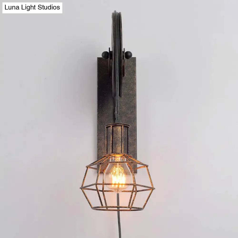 Antique Black Single Pulley Wall Light - Industrial Iron Wire Cage for Restaurant Lighting