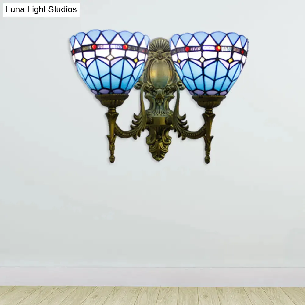 Antique Brass Baroque Stained Glass Sconce - 2 Head Wall Light Fixture for Living Room