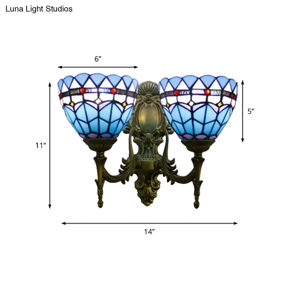 Antique Brass Baroque Stained Glass Sconce - 2 Head Wall Light Fixture for Living Room