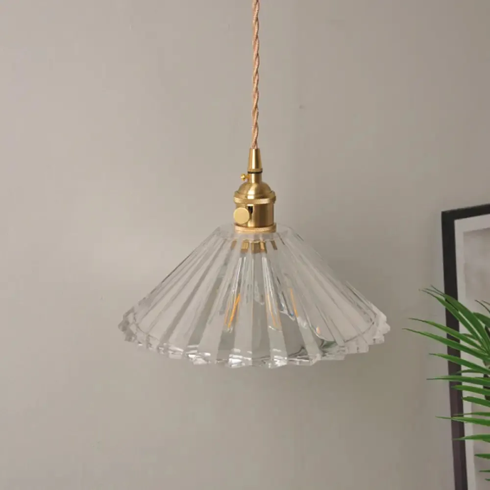 Antique Brass Wall Hanging Lamp with Clear Prismatic/Wavy Glass, Bedside Wall Lighting, Rotary Switch