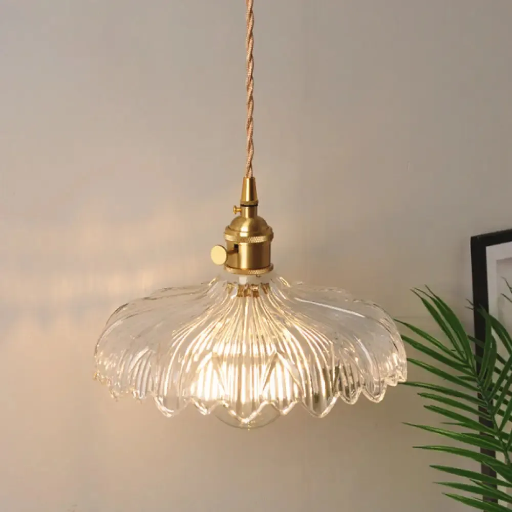 Antique Brass Wall Hanging Lamp with Clear Prismatic/Wavy Glass, Bedside Wall Lighting, Rotary Switch