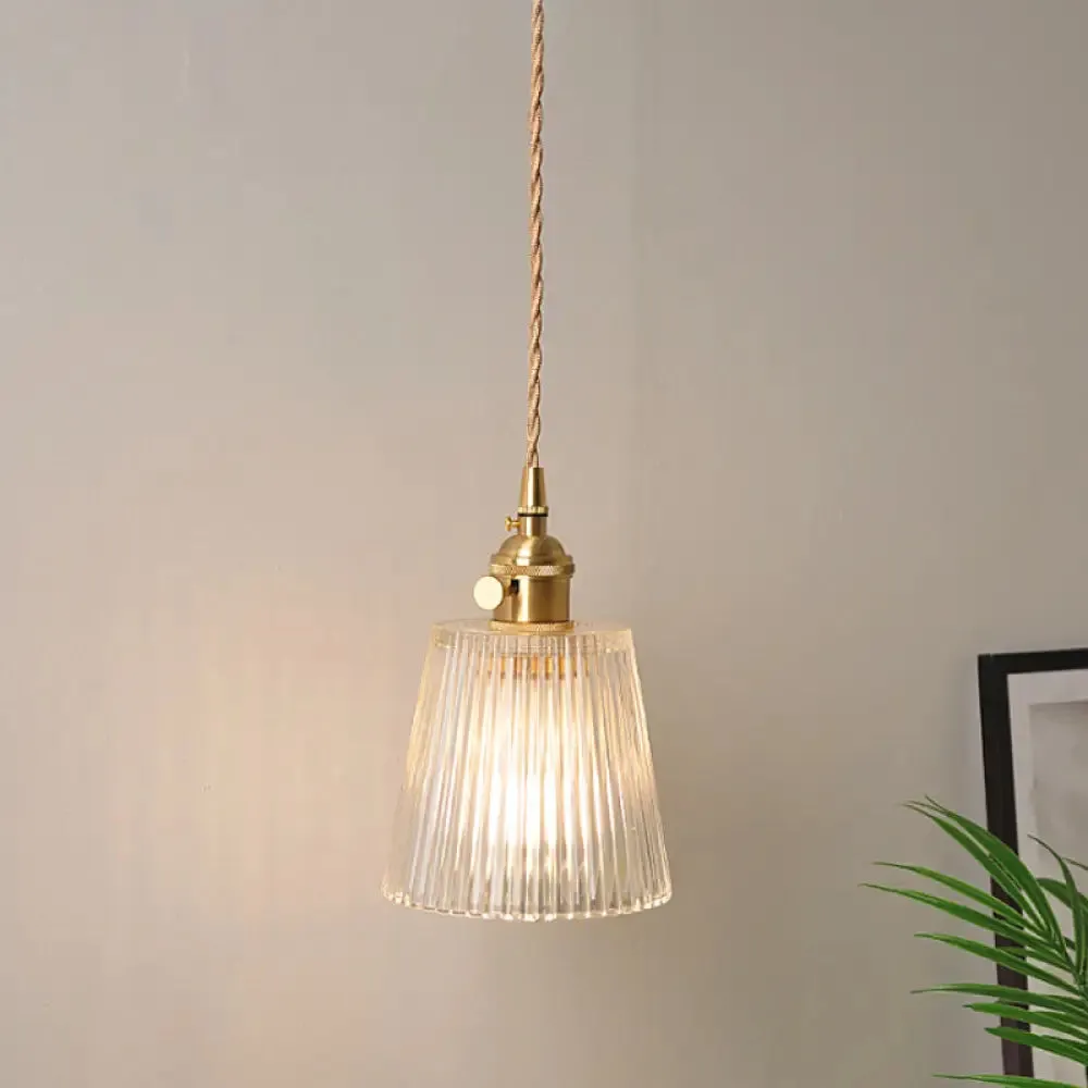 Antique Brass Wall Hanging Lamp with Clear Prismatic/Wavy Glass, Bedside Wall Lighting, Rotary Switch