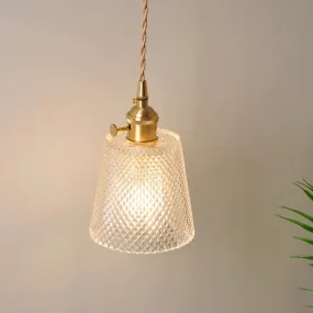 Antique Brass Wall Hanging Lamp with Clear Prismatic/Wavy Glass, Bedside Wall Lighting, Rotary Switch