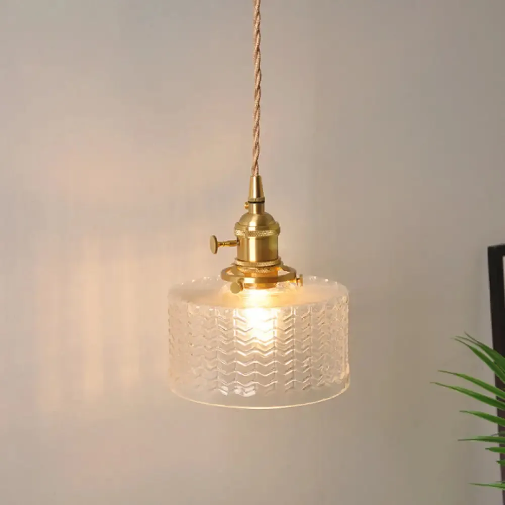 Antique Brass Wall Hanging Lamp with Clear Prismatic/Wavy Glass, Bedside Wall Lighting, Rotary Switch