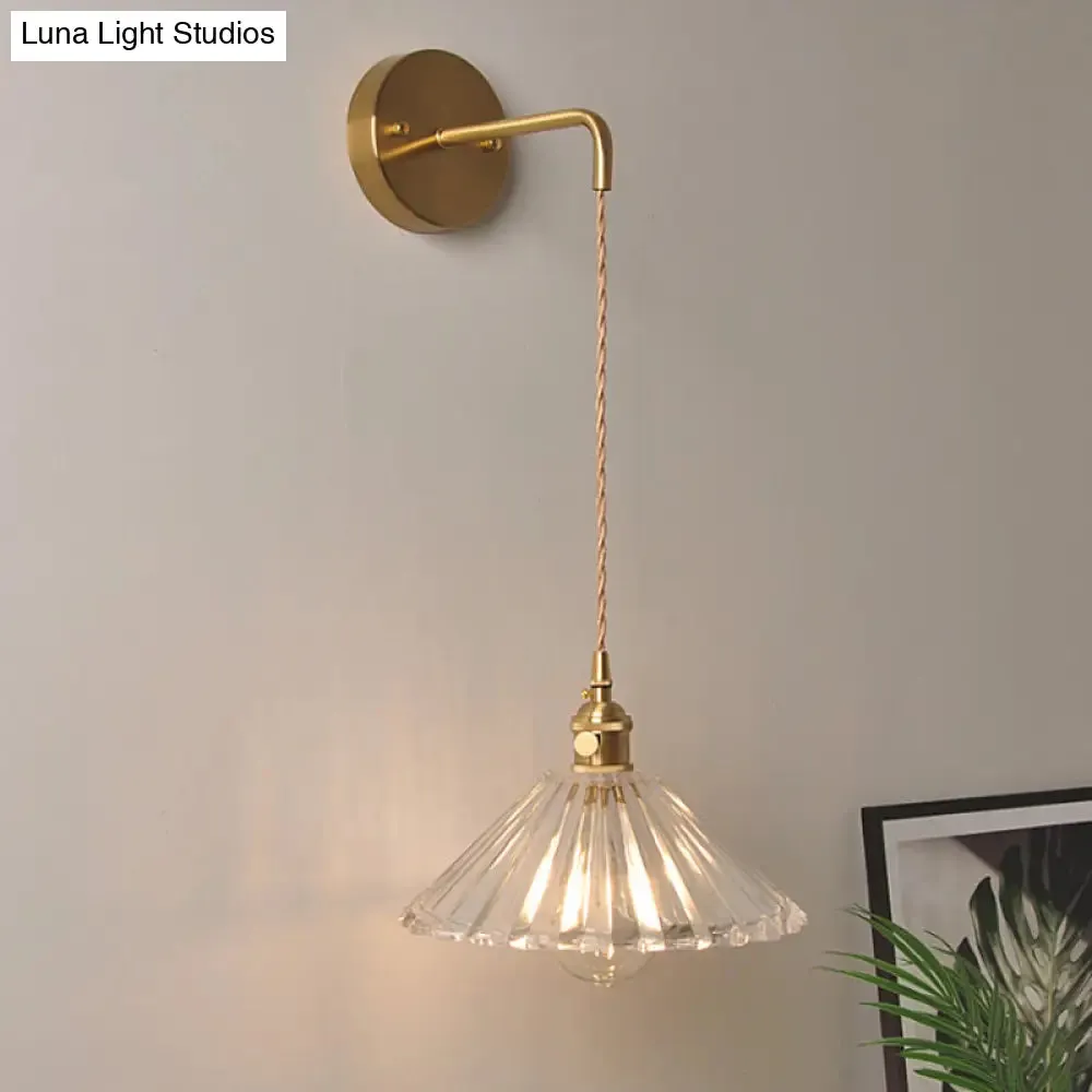 Antique Brass Wall Hanging Lamp with Clear Prismatic/Wavy Glass, Bedside Wall Lighting, Rotary Switch