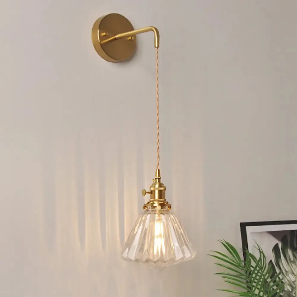 Antique Brass Wall Hanging Lamp with Clear Prismatic/Wavy Glass, Bedside Wall Lighting, Rotary Switch